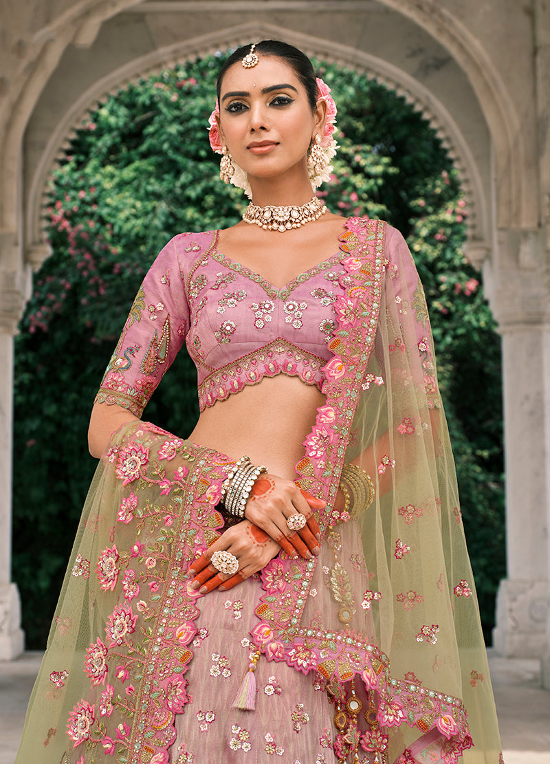 Monjolika Fashion Pink And Light Green Silk Bridal With Embroidery And Sequins Work Lehenga | Grocsy