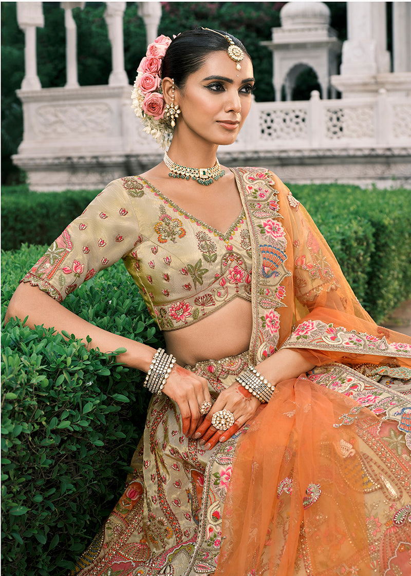 Monjolika Fashion Cream Silk Bridal With Sequins And Moti Work Lehenga | Grocsy