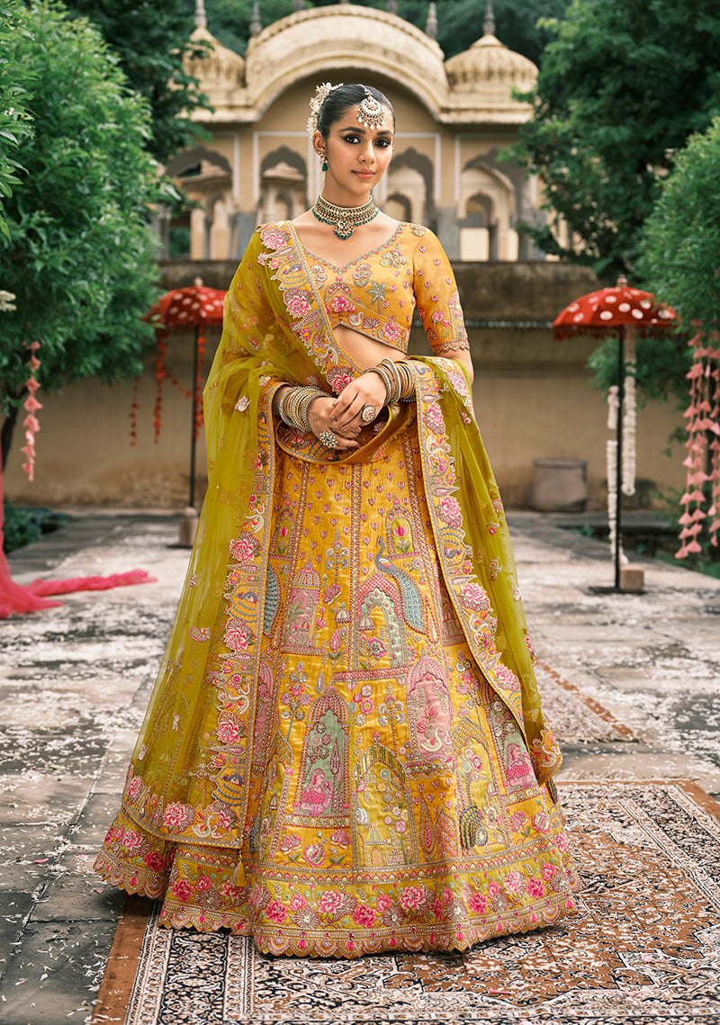 Monjolika Fashion Mustard Silk Bridal With Sequins And Moti Work Lehenga | Grocsy