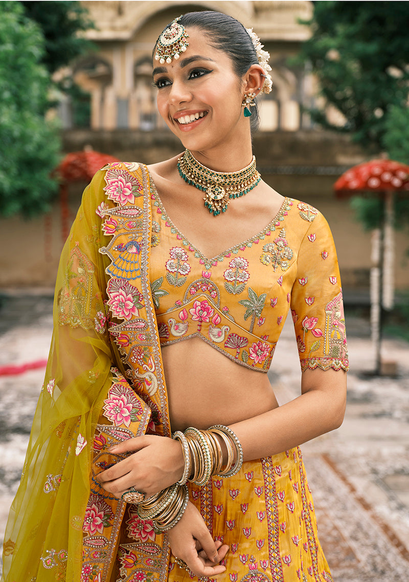 Monjolika Fashion Mustard Silk Bridal With Sequins And Moti Work Lehenga | Grocsy