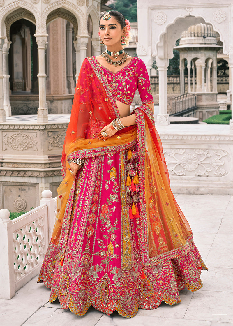 Monjolika Fashion Rani Pink Silk Bridal With Sequins Embroidery And Stone Work Lehenga | Grocsy