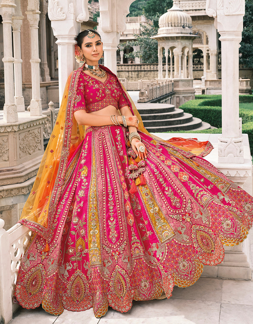 Monjolika Fashion Rani Pink Silk Bridal With Sequins Embroidery And Stone Work Lehenga | Grocsy