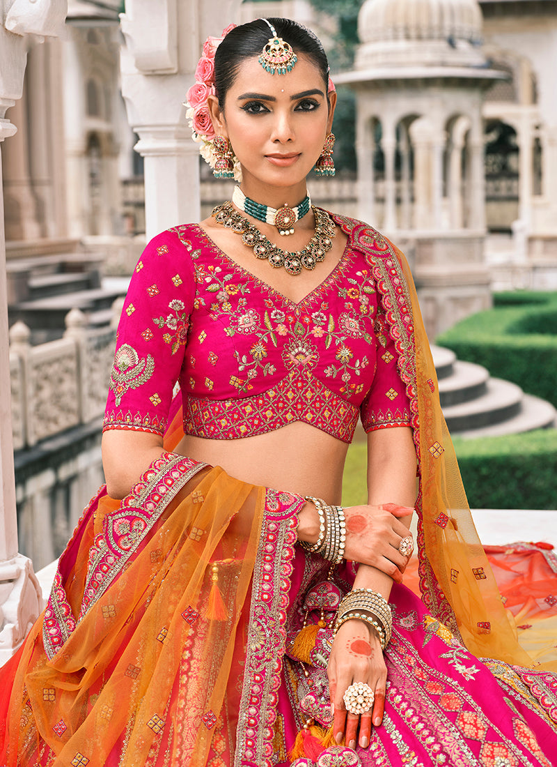 Monjolika Fashion Rani Pink Silk Bridal With Sequins Embroidery And Stone Work Lehenga | Grocsy