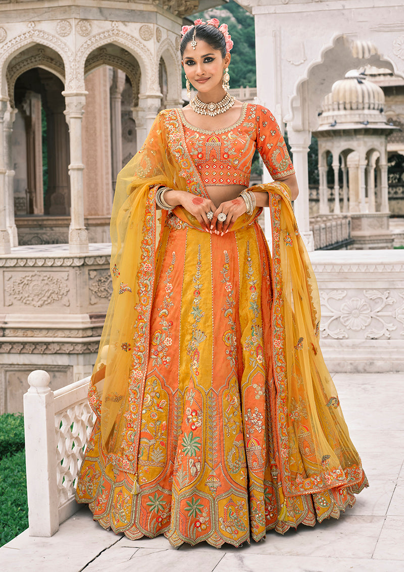 Monjolika Fashion Yellow And Orange Silk Bridal With Sequins Embroidery And Stone Work Lehenga | Grocsy