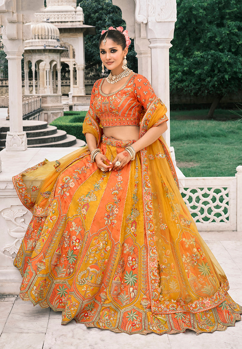 Monjolika Fashion Yellow And Orange Silk Bridal With Sequins Embroidery And Stone Work Lehenga | Grocsy
