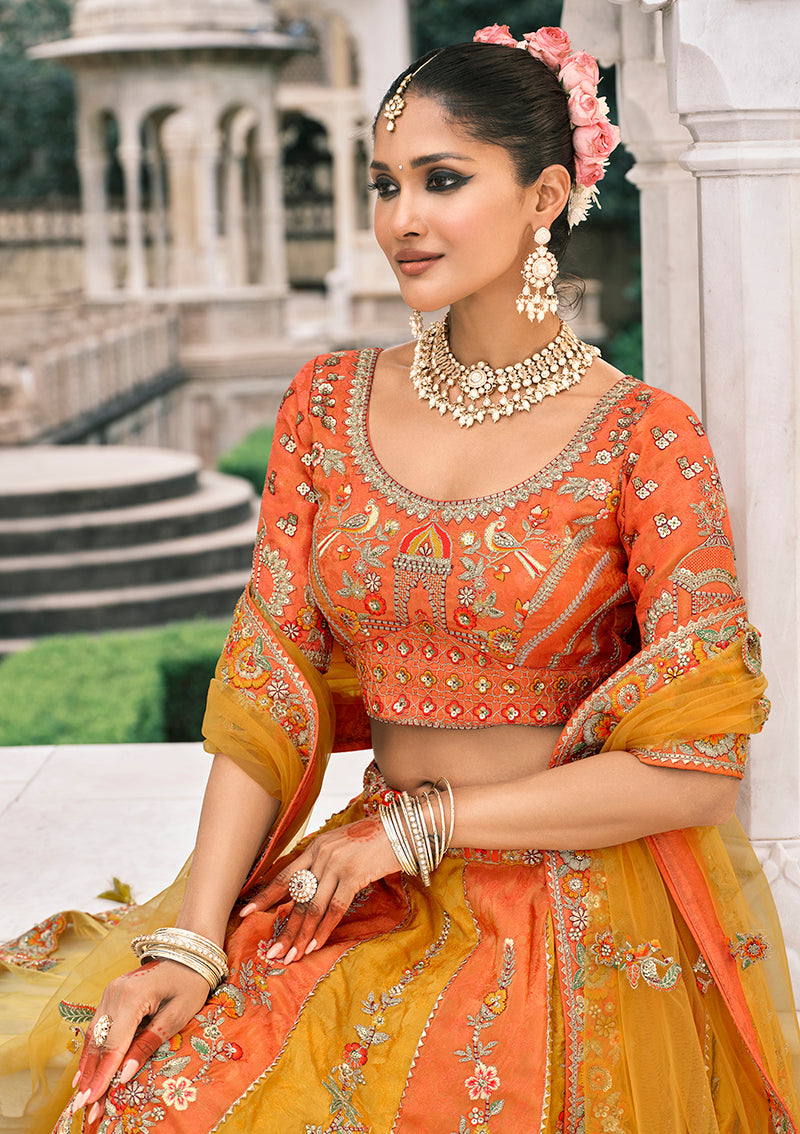 Monjolika Fashion Yellow And Orange Silk Bridal With Sequins Embroidery And Stone Work Lehenga | Grocsy