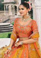 Monjolika Fashion Yellow And Orange Silk Bridal With Sequins Embroidery And Stone Work Lehenga | Grocsy