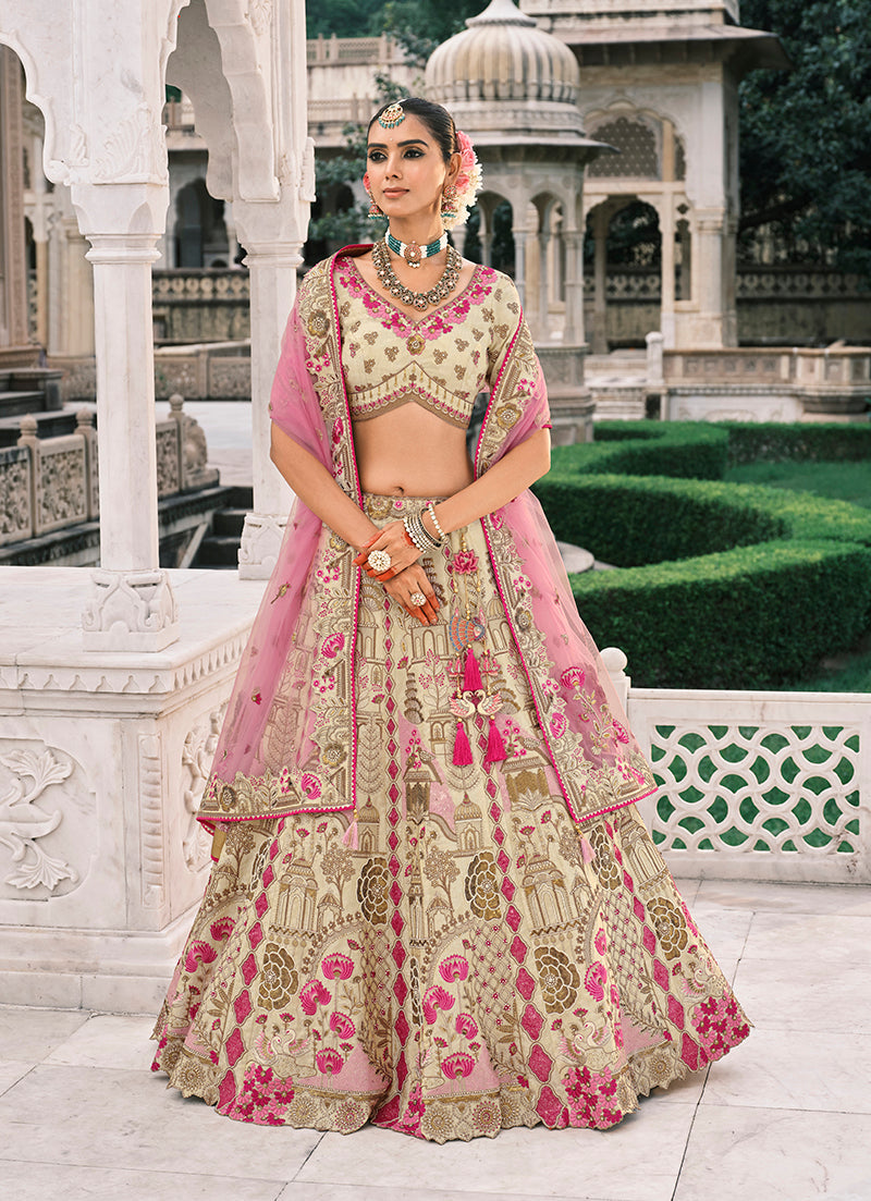 Monjolika Fashion Cream Silk Bridal With Sequins Embroidery And Stone Work Lehenga | Grocsy