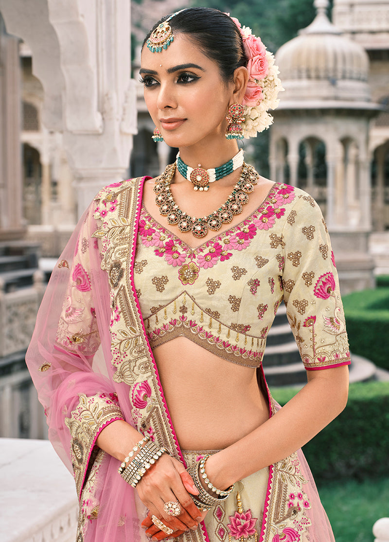 Monjolika Fashion Cream Silk Bridal With Sequins Embroidery And Stone Work Lehenga | Grocsy