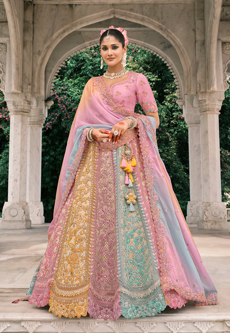 Monjolika Fashion Multicolor Silk Bridal With Thread Embroidery And Stone Work Lehenga | Grocsy