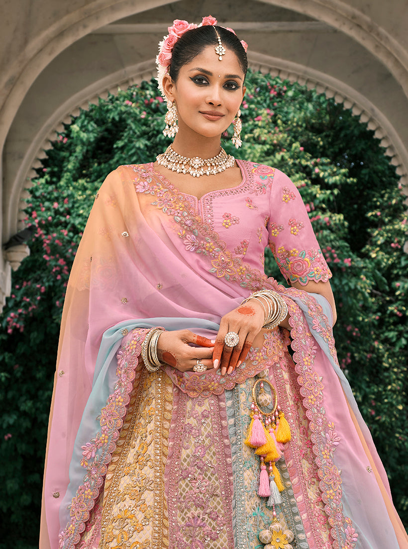 Monjolika Fashion Multicolor Silk Bridal With Thread Embroidery And Stone Work Lehenga | Grocsy