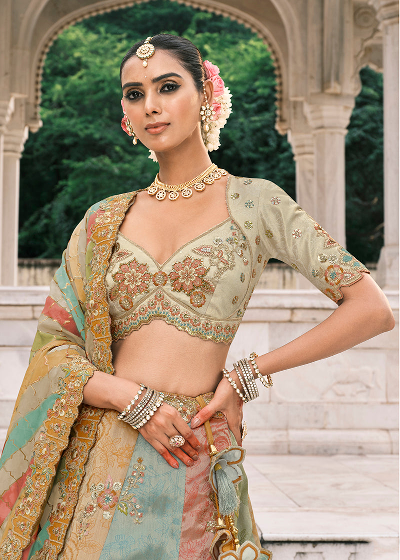 Monjolika Fashion Multicolor Silk Bridal With Thread Embroidery And Sequins Work Lehenga | Grocsy