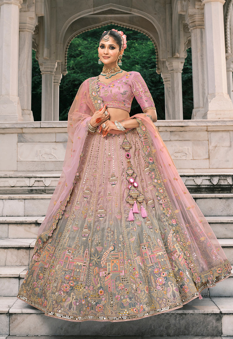 Monjolika Fashion Dusty Pink And Grey Silk Bridal With Thread And Moti Work Lehenga | Grocsy