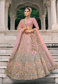 Monjolika Fashion Dusty Pink And Grey Silk Bridal With Thread And Moti Work Lehenga | Grocsy