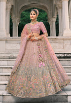 Monjolika Fashion Dusty Pink And Grey Silk Bridal With Thread And Moti Work Lehenga | Grocsy