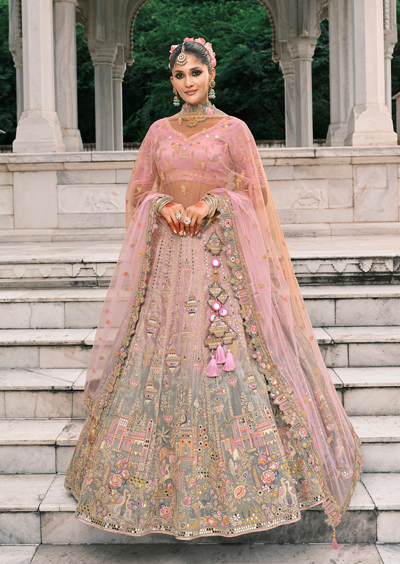 Monjolika Fashion Dusty Pink And Grey Silk Bridal With Thread And Moti Work Lehenga | Grocsy