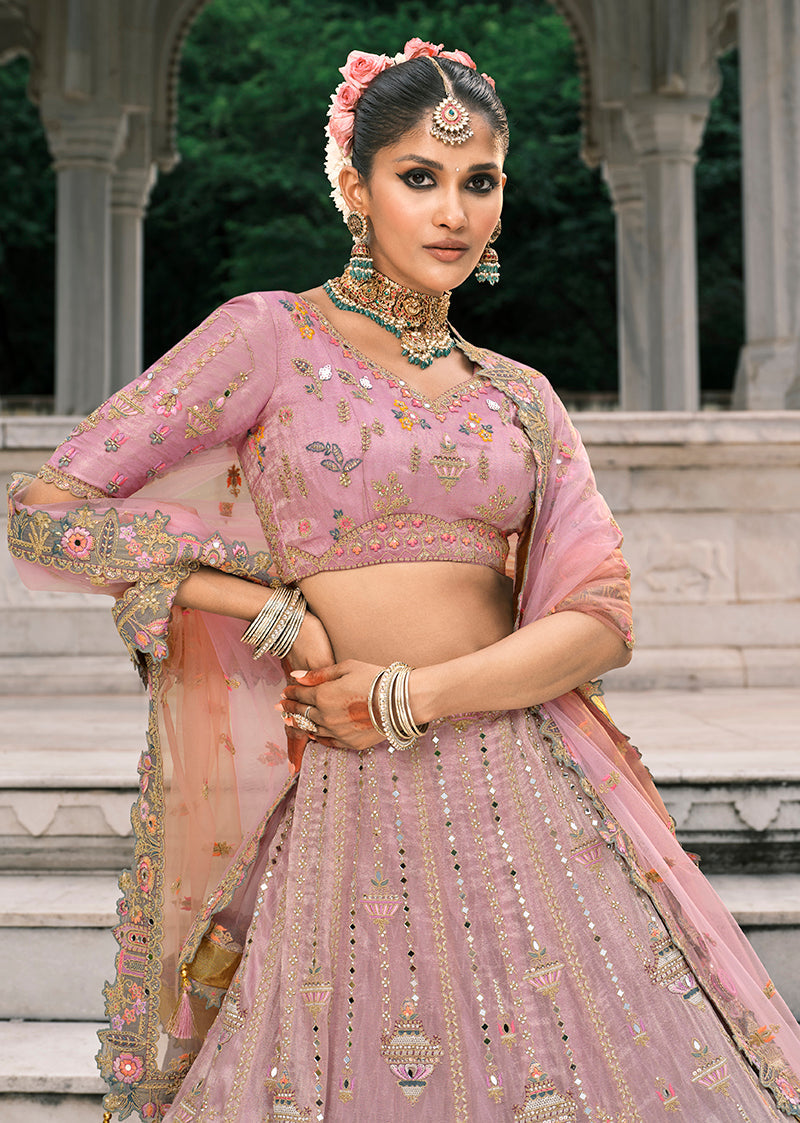 Monjolika Fashion Dusty Pink And Grey Silk Bridal With Thread And Moti Work Lehenga | Grocsy