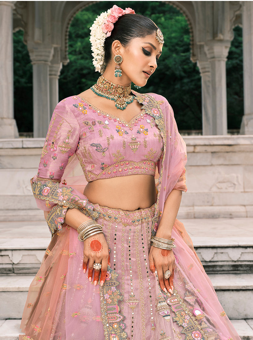 Monjolika Fashion Dusty Pink And Grey Silk Bridal With Thread And Moti Work Lehenga | Grocsy