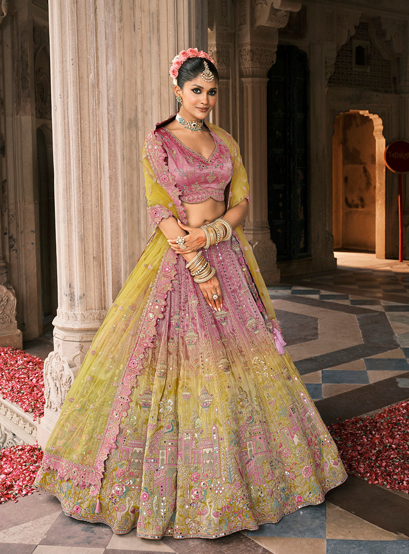 Monjolika Fashion Onion Pink And Green Silk Bridal With Mirror And Resham Embroidery Lehenga | Grocsy