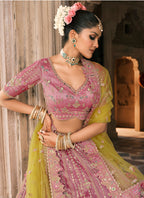 Monjolika Fashion Onion Pink And Green Silk Bridal With Mirror And Resham Embroidery Lehenga | Grocsy