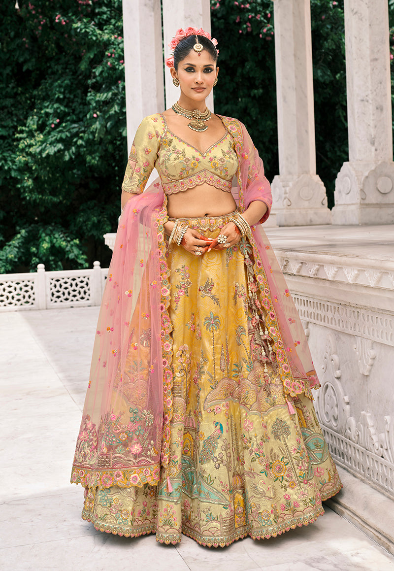 Monjolika Fashion Yellow Silk Bridal With Thread Embroidery And Stone Work Lehenga | Grocsy