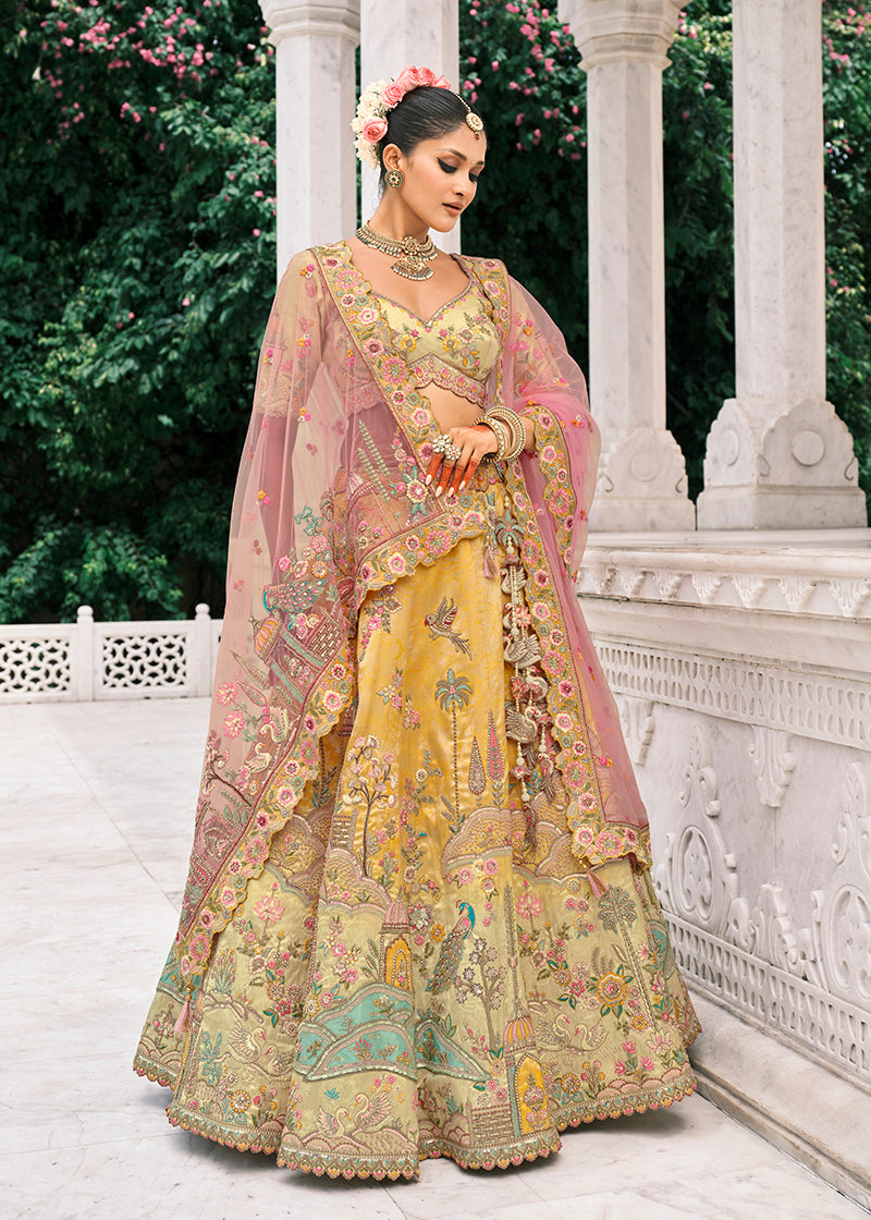 Monjolika Fashion Yellow Silk Bridal With Thread Embroidery And Stone Work Lehenga | Grocsy