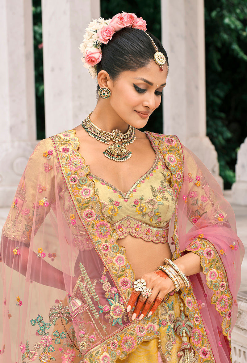 Monjolika Fashion Yellow Silk Bridal With Thread Embroidery And Stone Work Lehenga | Grocsy