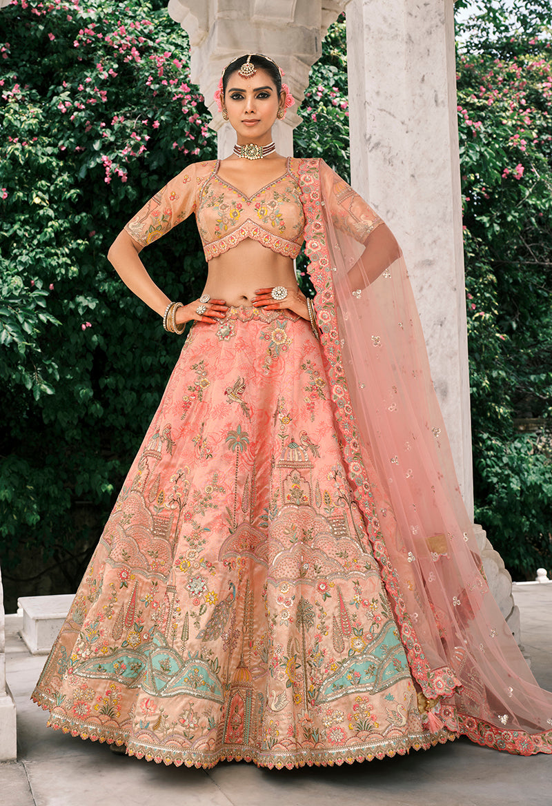 Monjolika Fashion Peach Silk Bridal With Thread Embroidery And Stone Work Lehenga | Grocsy