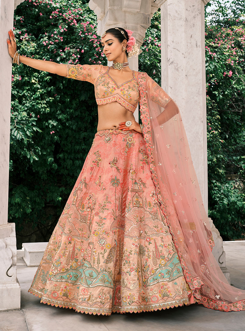 Monjolika Fashion Peach Silk Bridal With Thread Embroidery And Stone Work Lehenga | Grocsy