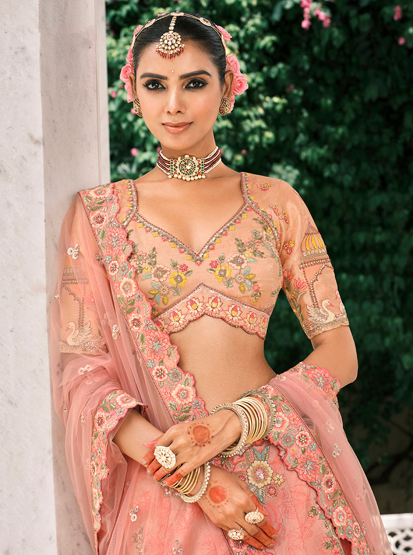 Monjolika Fashion Peach Silk Bridal With Thread Embroidery And Stone Work Lehenga | Grocsy
