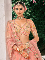 Monjolika Fashion Peach Silk Bridal With Thread Embroidery And Stone Work Lehenga | Grocsy