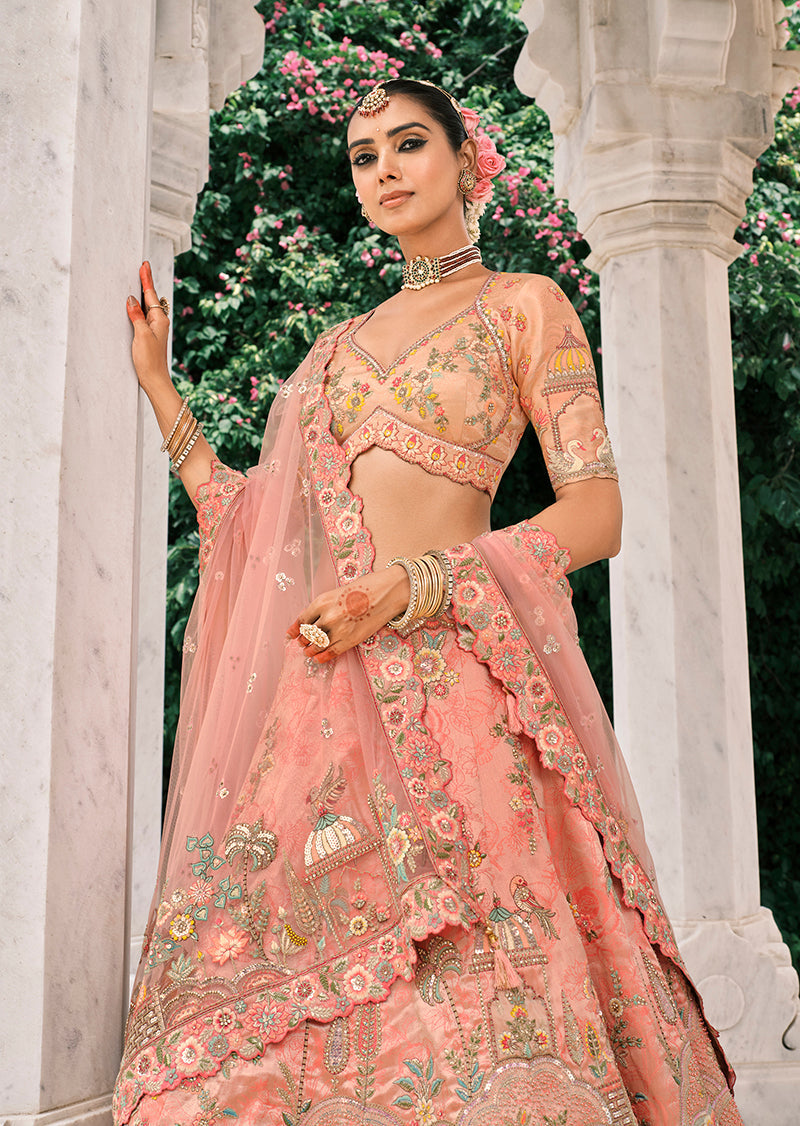 Monjolika Fashion Peach Silk Bridal With Thread Embroidery And Stone Work Lehenga | Grocsy