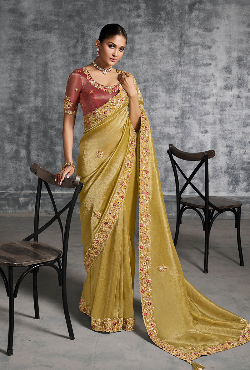 Monjolika Fashion Mustard Tissue Traditional Saree with Embroidered, Resham and Thread Work for Ceremonial | Grocsy