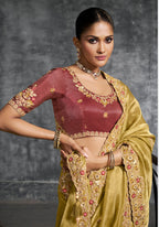 Monjolika Fashion Mustard Tissue Traditional Saree with Embroidered, Resham and Thread Work for Ceremonial | Grocsy