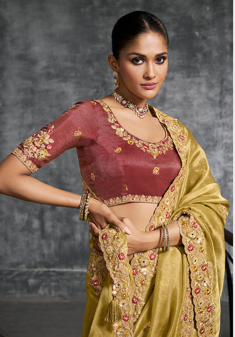 Monjolika Fashion Mustard Tissue Traditional Saree with Embroidered, Resham and Thread Work for Ceremonial | Grocsy