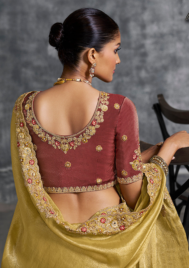 Monjolika Fashion Mustard Tissue Traditional Saree with Embroidered, Resham and Thread Work for Ceremonial | Grocsy