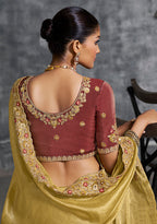 Monjolika Fashion Mustard Tissue Traditional Saree with Embroidered, Resham and Thread Work for Ceremonial | Grocsy