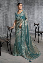 Monjolika Fashion Teal Blue Tissue Traditional Saree with Embroidered, Resham and Thread Work for Ceremonial | Grocsy
