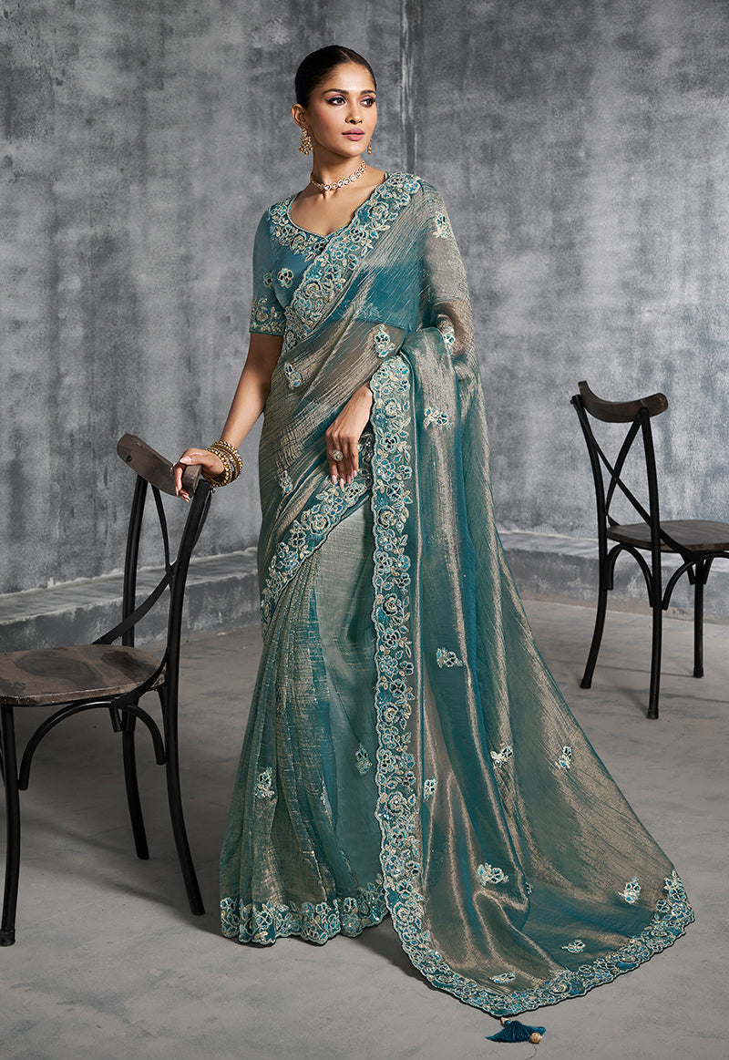 Monjolika Fashion Teal Blue Tissue Traditional Saree with Embroidered, Resham and Thread Work for Ceremonial | Grocsy