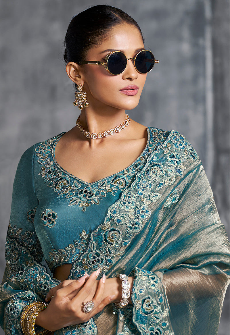Monjolika Fashion Teal Blue Tissue Traditional Saree with Embroidered, Resham and Thread Work for Ceremonial | Grocsy