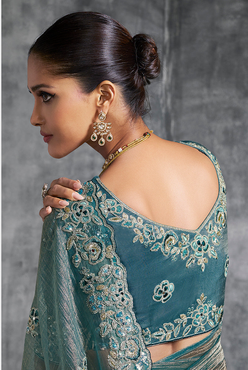 Monjolika Fashion Teal Blue Tissue Traditional Saree with Embroidered, Resham and Thread Work for Ceremonial | Grocsy