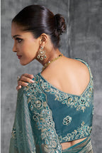 Monjolika Fashion Teal Blue Tissue Traditional Saree with Embroidered, Resham and Thread Work for Ceremonial | Grocsy