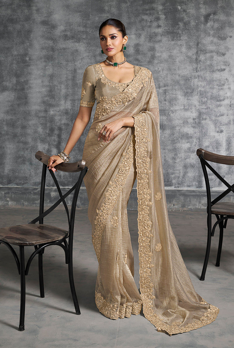 Monjolika Fashion Beige Tissue Traditional Saree with Embroidered, Resham and Thread Work for Ceremonial | Grocsy
