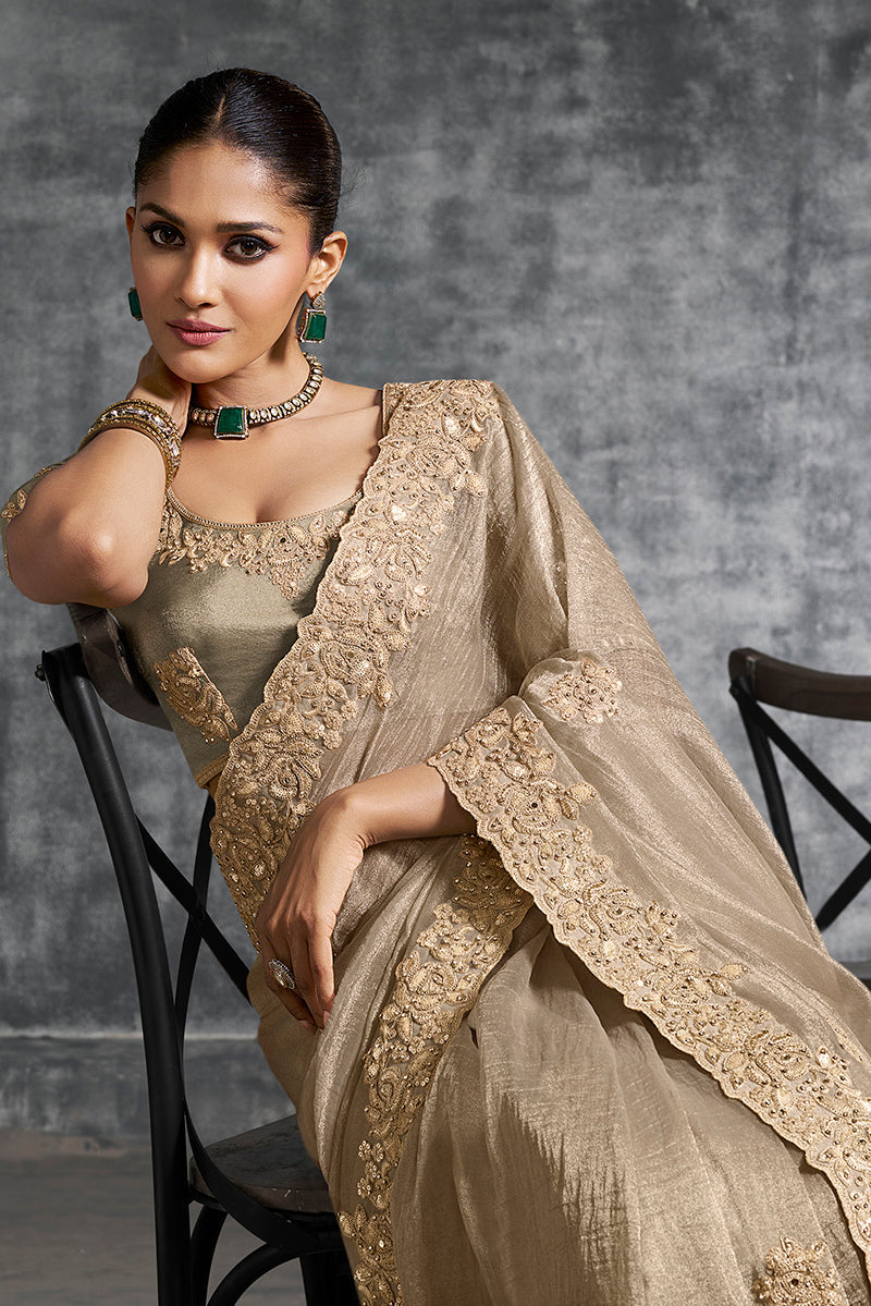 Monjolika Fashion Beige Tissue Traditional Saree with Embroidered, Resham and Thread Work for Ceremonial | Grocsy