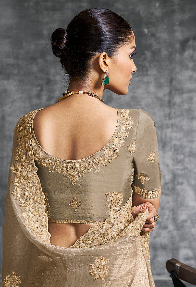 Monjolika Fashion Beige Tissue Traditional Saree with Embroidered, Resham and Thread Work for Ceremonial | Grocsy