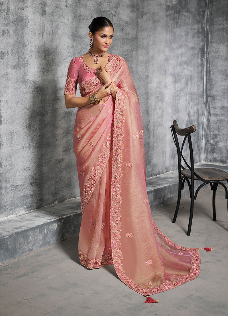 Monjolika Fashion Light Pink Tissue Traditional Saree with Embroidered, Resham and Thread Work for Ceremonial | Grocsy