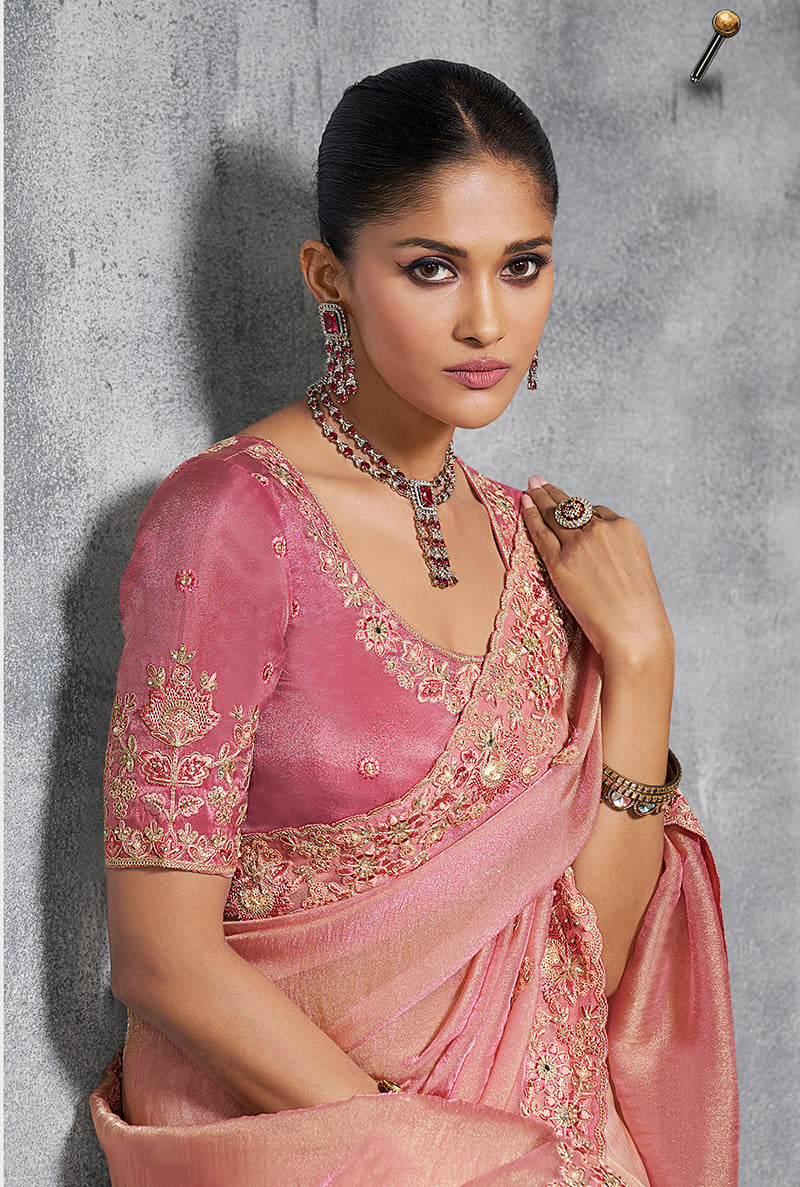 Monjolika Fashion Light Pink Tissue Traditional Saree with Embroidered, Resham and Thread Work for Ceremonial | Grocsy