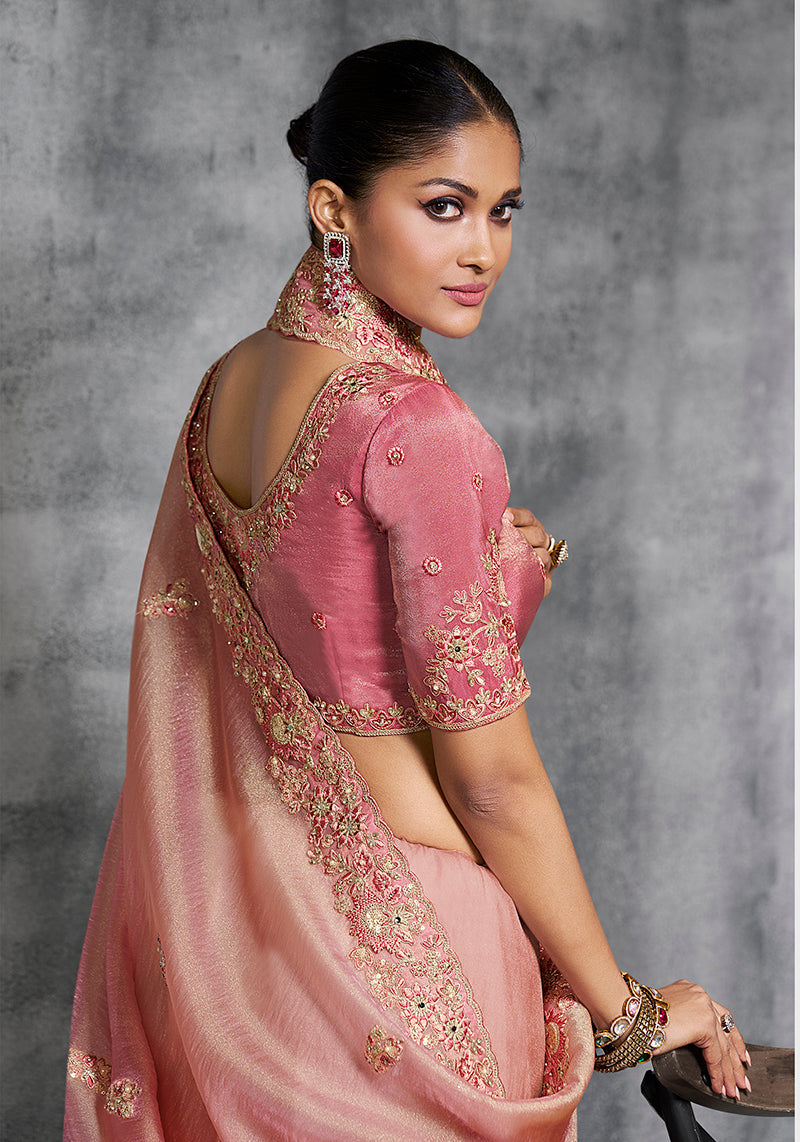 Monjolika Fashion Light Pink Tissue Traditional Saree with Embroidered, Resham and Thread Work for Ceremonial | Grocsy