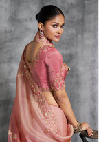 Monjolika Fashion Light Pink Tissue Traditional Saree with Embroidered, Resham and Thread Work for Ceremonial | Grocsy