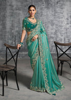 Monjolika Fashion Turquoise Tissue Traditional Saree with Embroidered, Resham and Thread Work for Ceremonial | Grocsy